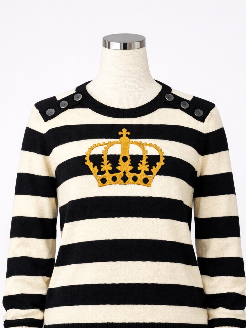 J.Crew 100% Cashmere Crown Striped Sweater M Black Ivory Button Shoulder